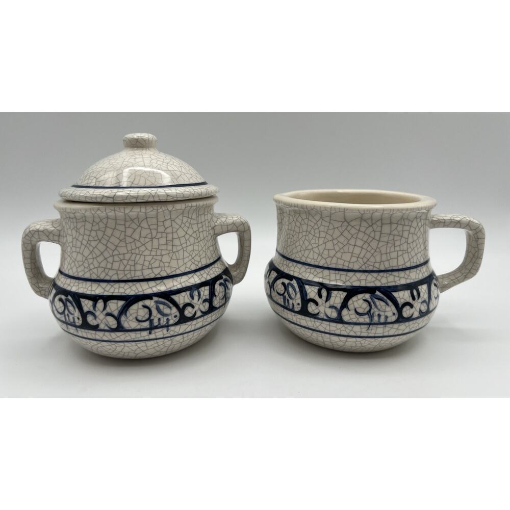 Potting Shed Dedham Pottery Blue Rabbit Creamer & Lidded Sugar Bowl Signed USA